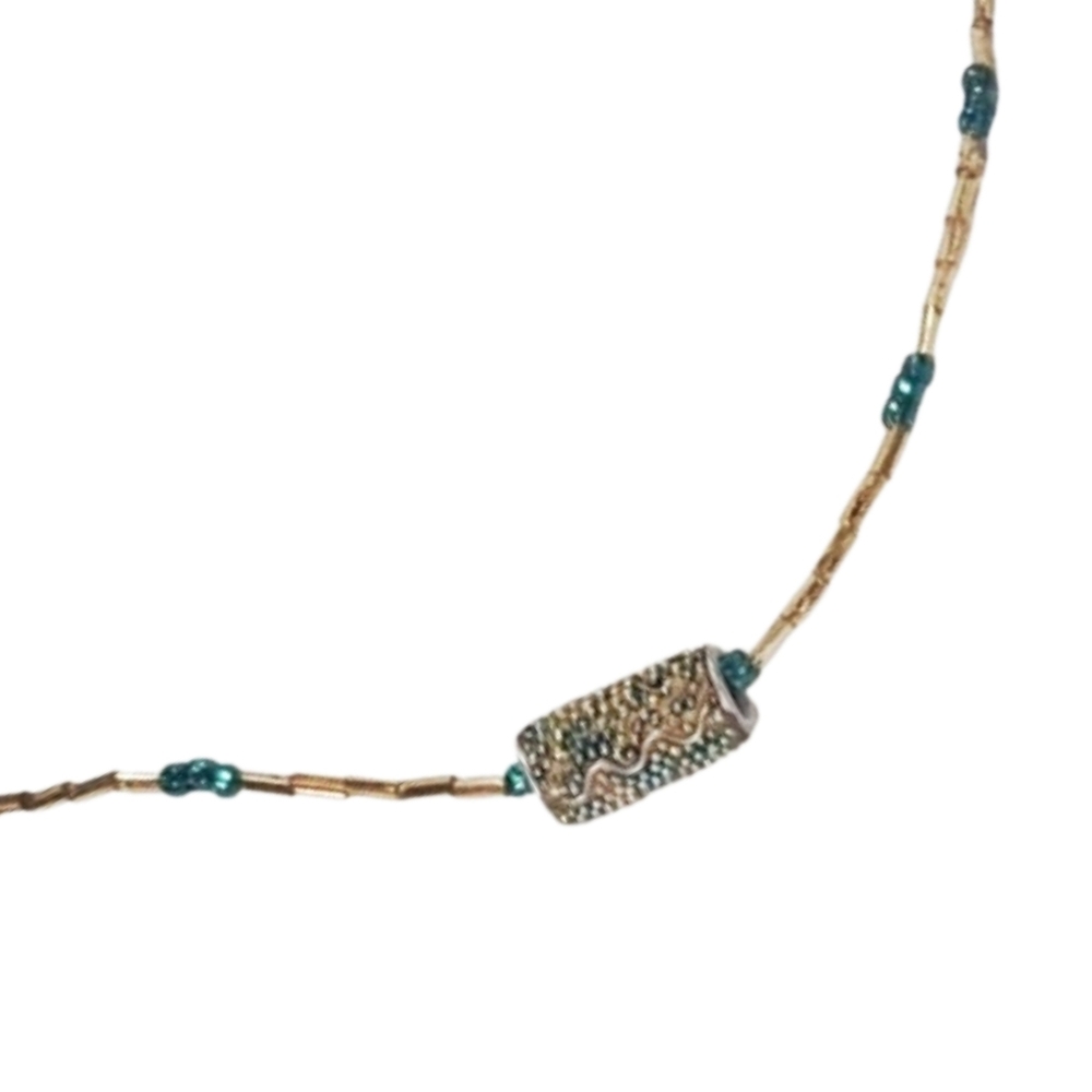 Elegant Beaded Necklace with Gold, Brown, and Blue Accents